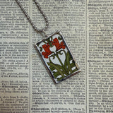 Red lily flowers, vintage art nouveau botanical illustrations, up-cycled to soldered glass pendant