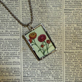 Anemone and Dianthus flowers, botanical illustrations, up-cycled to soldered glass pendant