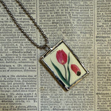 Tulip and Camelia flowers, botanical illustrations, up-cycled to soldered glass pendant
