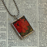 Wild rose and red geranium flowers, botanical illustrations, up-cycled to soldered glass pendant