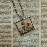 Red roses and sunrise, vintage illustrations up-cycled to soldered glass pendant