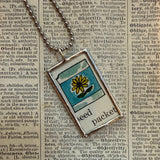 Seed packet and Sunflower botanical illustrations, up-cycled to soldered glass pendant