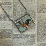 Black crow, sparrow, and redwing blackbird, vintage children's book illustration upcycled to soldered glass pendant
