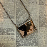 Black crow, sparrow, and redwing blackbird, vintage children's book illustration upcycled to soldered glass pendant