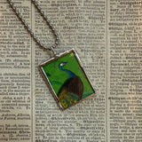 Peacocks, vintage bird illustrations, up-cycled to soldered glass pendant