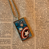 Captain America, Spiderman, vintage illustrations up-cycled to soldered glass pendant
