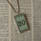 Vintage Monopoly, 20 dollar bill, upcycled to soldered hand-soldered glass pendant 