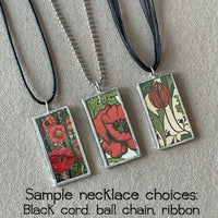 La Rosa, rose, La Macheta, flower pot, Mexican Loteria cards up-cycled to soldered glass pendant
