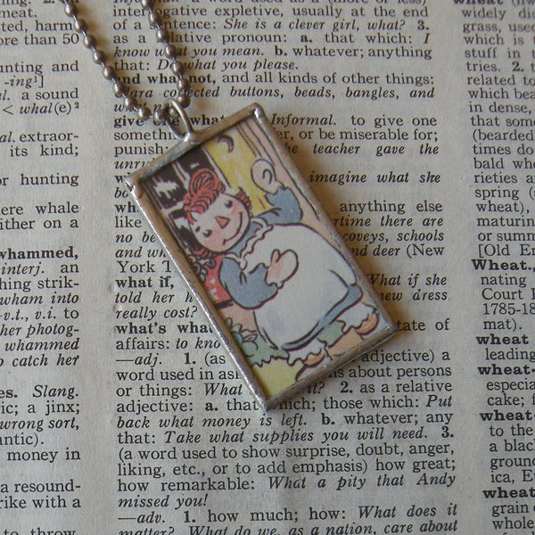 Raggedy Ann, original vintage 1940s children's book illustrations, upcycled to soldered glass pendant