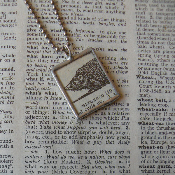 Hedgehog, vintage 1940s dictionary illustration, up-cycled to hand-soldered glass pendant