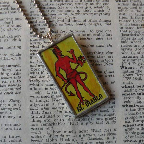 El Diablo, El Tambor, Devil and Drum, Mexican Loteria cards up-cycled to soldered glass pendant