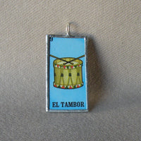 El Diablo, El Tambor, Devil and Drum, Mexican Loteria cards up-cycled to soldered glass pendant 2