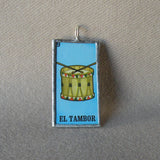 El Diablo, El Tambor, Devil and Drum, Mexican Loteria cards up-cycled to soldered glass pendant 2