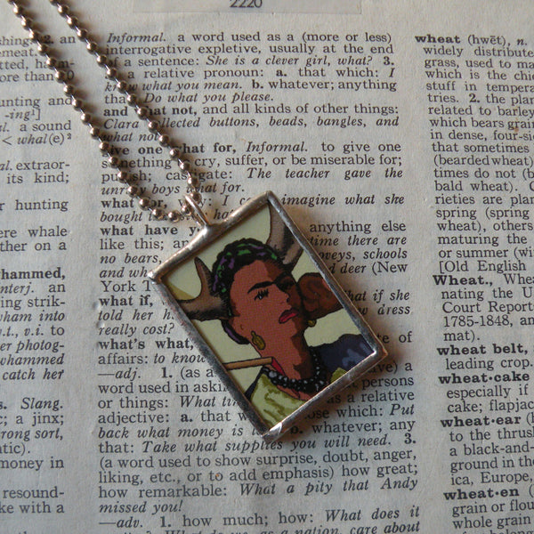 Frida Khalo, self-portraits, upcycled to hand soldered glass pendant