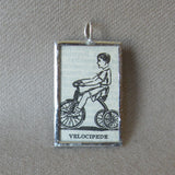 Velocipede, tricycle vintage dictionary illustrations, up-cycled to soldered glass pendant