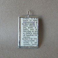 Velocipede, tricycle vintage dictionary illustrations, up-cycled to soldered glass pendant