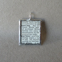 Wart Hog, vintage 1940s dictionary illustration, up-cycled to hand soldered glass pendant