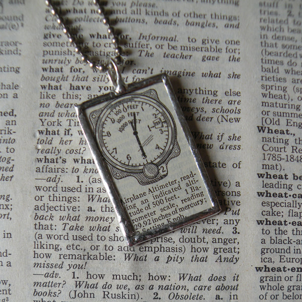 Airplane Altimeter, vintage 1940s dictionary illustration, up-cycled to soldered glass pendant