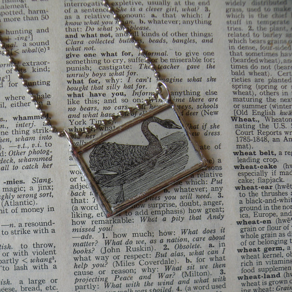 Black swan, vintage dictionary illustration, up-cycled to hand soldered glass pendant