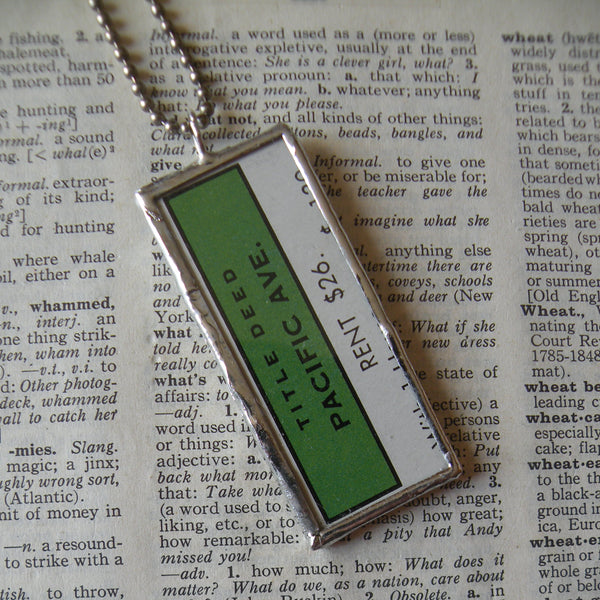 Vintage Monopoly board game cards, Pacific and Atlantic Avenues, upcycled to soldered hand-soldered glass pendant 