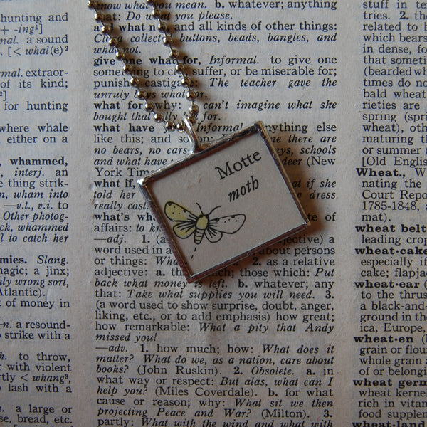 Moth, ladybugs, original illustration from vintage Richard Scarry book, up-cycled to soldered glass pendant