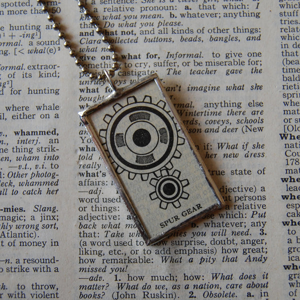 gear meaning slang Spur gear, vintage 1940s dictionary illustration, hand-soldered glass pendant