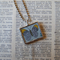 1 Butterfly, flowers, vintage 1940s vintage children's book illustrations, up-cycled to soldered glass pendant