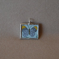 Butterfly, flowers, vintage 1940s vintage children's book illustrations, up-cycled to soldered glass pendant