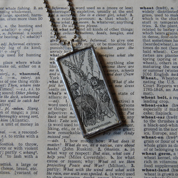 Mice, Mouse, vintage 1940s dictionary illustration, up-cycled to hand-soldered glass pendant, with choice of necklace, bookmark or keychain