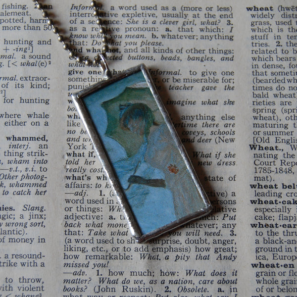 Claude Monet, Woman with Parasol, Waterlilies, upcycled to soldered glass pendant 