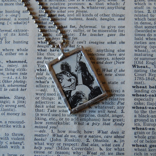 Bear with banjo, bunny rabbit, vintage children's book illustrations, up-cycled to soldered glass pendant