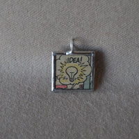 Idea Lightbulb, question mark, onomatopoeia, vintage comic book illustration, upcycled to soldered glass pendant