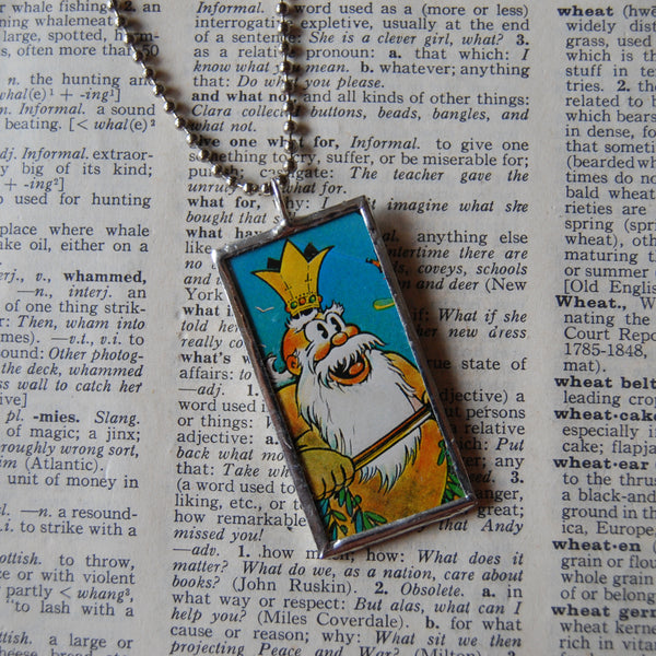 King Neptune, Merman, original illustrations from vintage book, up-cycled to soldered glass pendant