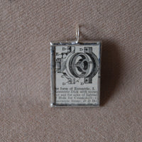 Eccentric, engine cam, vintage 1930s dictionary illustration, up-cycled to hand soldered glass pendant