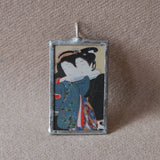 Japanese woodblock print, Geisha, up-cycled to soldered glass pendant
