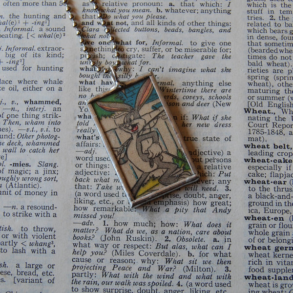 Bugs Bunny, Elmer Fudd, vintage Looney Tunes comics, original vintage 1970s comic book illustrations, upcycled to soldered glass pendant