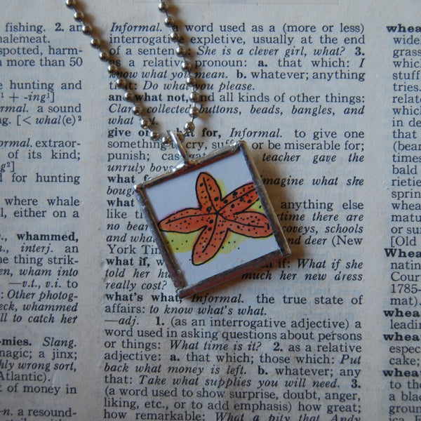 Starfish, original illustration from vintage Richard Scarry book, up-cycled to soldered glass pendant