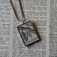 Butterfly chrysalis, caterpillar, vintage dictionary illustrations, up-cycled to soldered glass pendant