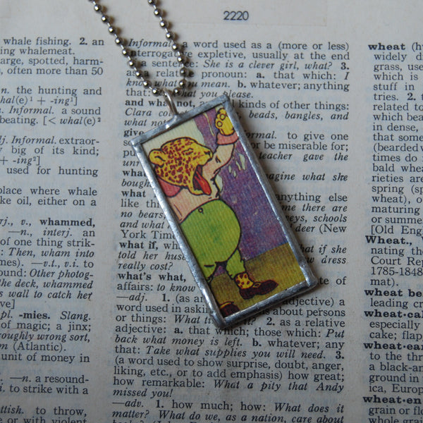 Cheetah, leopard, vintage children's book illustration up-cycled to soldered glass pendant