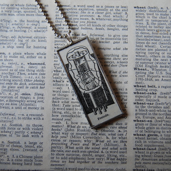 1 Electrode, Pentode, Tetrode, vintage 1930s dictionary illustration, up-cycled to hand soldered glass pendant