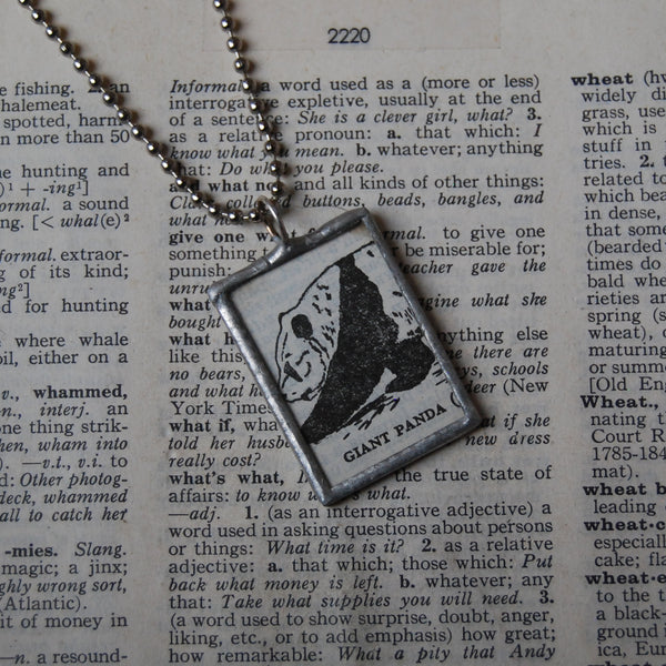 Giant Panda, vintage 1940s dictionary illustration, up-cycled to hand-soldered glass pendant, with choice of necklace, bookmark or keychain