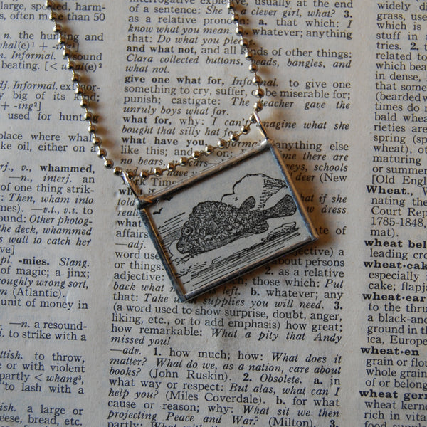 Ostracion, boxfish, vintage scientific dictionary illustration, upcycled to hand soldered glass pendant