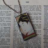 Japanese woodblock print, Geisha and autumn maple leaves, up-cycled to soldered glass pendant