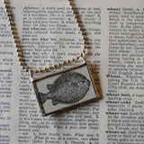 Blowfish diondon fish, vintage scientific dictionary illustration, upcycled to hand soldered glass pendant