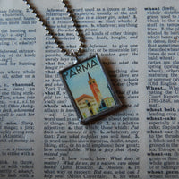 Parma Italy, hand-soldered glass pendant, vintage travel poster / postcard illustrations,  upcycled to soldered glass pendant