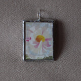 Pink peony flowers, up-cycled to 2-sided hand soldered glass pendant