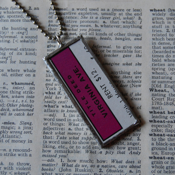 Vintage Monopoly board game cards, Virginia Avenue, upcycled to hand-soldered glass pendant 