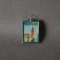 Parma Italy, hand-soldered glass pendant, vintage travel poster / postcard illustrations,  upcycled to soldered glass pendant