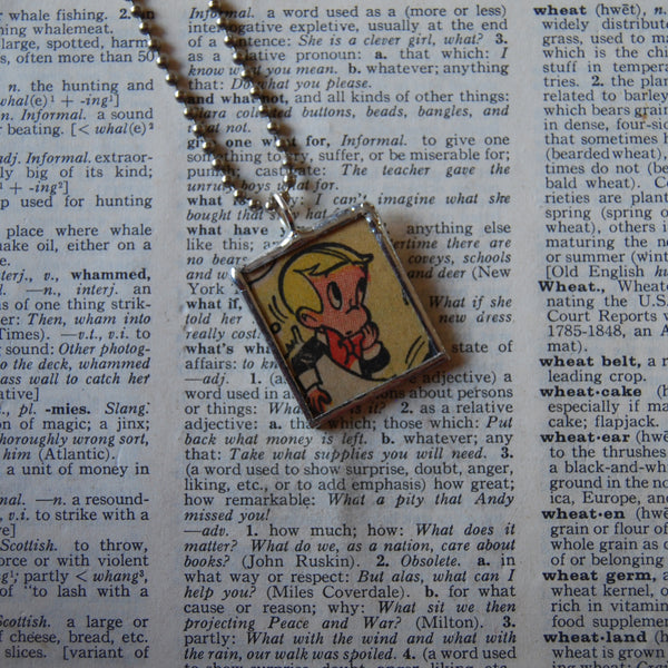 Richie Rich, original vintage 1970s comic book illustrations, upcycled to soldered glass pendant