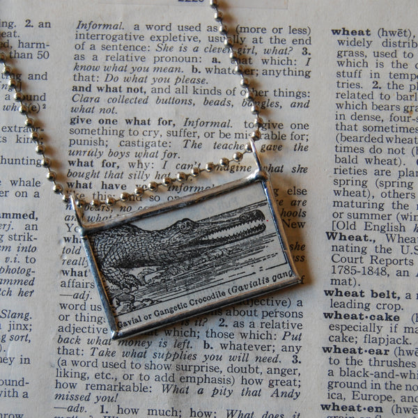 Gavial, crocodile, vintage 1940s dictionary illustration, up-cycled to hand-soldered glass pendant